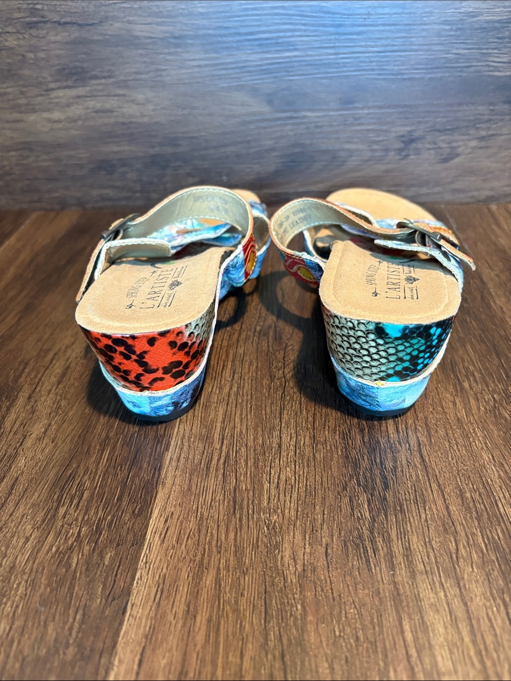 Colorful Patterned Slide Sandals with Blue & Red Accents - Picture 3 of 5